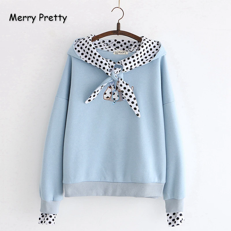 

MERRY PRETTY Women Cartoon Cat Embroidery Harajuku Hooded Sweatshirts Poika Dot Hoodies Winter Plus Velvet Long Sleeve Pullover