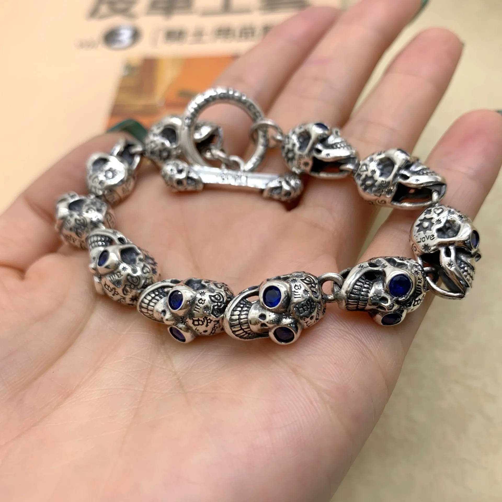 

S925 sterling silver bracelet fashion retro classic personality style skull graffiti jewelry gift for lover