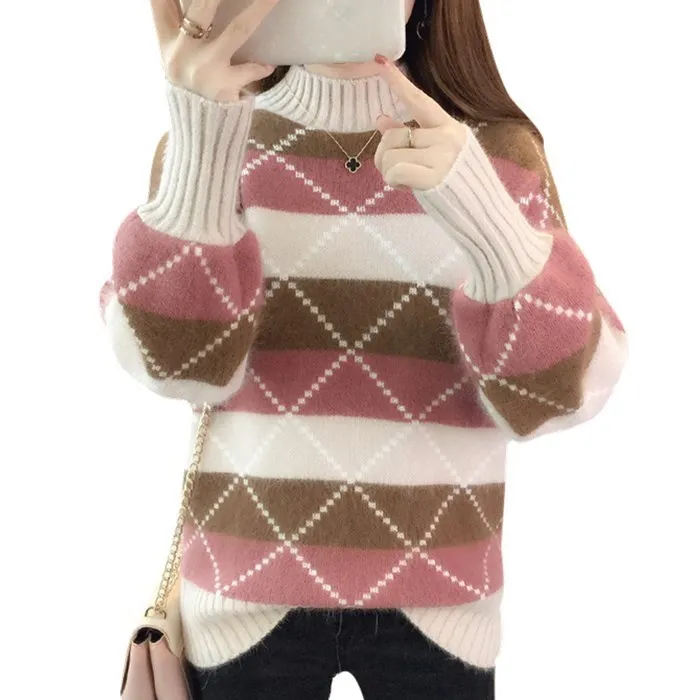 

Autumn Knitted Pullovers New Female Casual Loose Sweater Half Turtleneck Femme Warm Winter Top Thick Sweater School Style