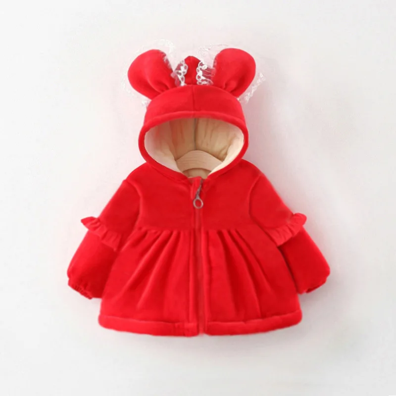 

Winter Baby Girl Parkas Coat Lace Rabbit Ears Plus Velvet Thick Clip Cotton Kids Jacket Cartoon Cotton Clothing Toddler Outwear