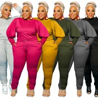 plus size knitted suits womans tracksuit long lantern sleeve slim fit tops and bodycon trouser lounge wear 2 piece matching set