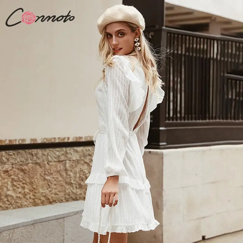 Conmoto Зимнее платье-кисточка с вырезом, платье с рукавами-фонариками, однотонное белое платье с воланами, элегантное платье для вечеринок