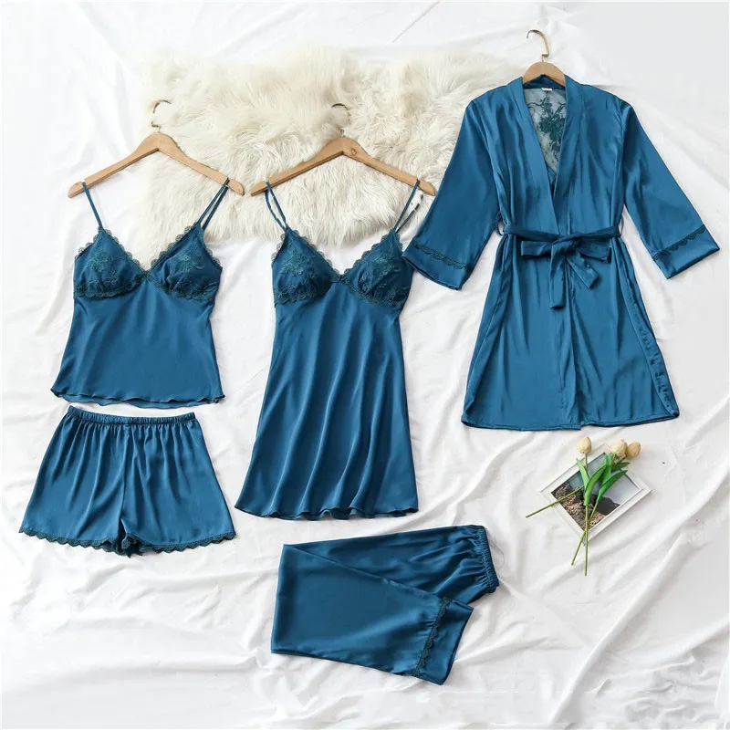 

Satin 5pcs Sleepwear Female Pajamas Set Spring Summer Sleepwear Embroidery Loose Casual Nightwear Sexy Kimono Bathrobe Gown