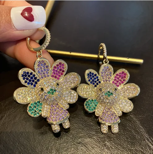 

S925 Silver Needle Hip Hop Sun Flower Doll Earrings Colorful Zircon 18K Gold Jewelry Color Preserving Cute Cartoon
