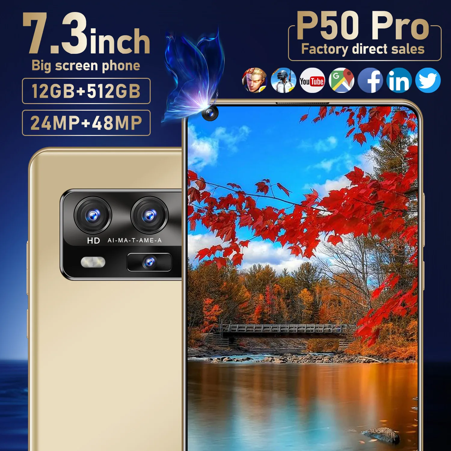 

2021 New P50 Pro 5G 5600MAH 7.3 Inch 10 Core Global Version Smartphone Snapdragon 888 Face ID 12GB 512GB 24MP 48MP Mobile Phone