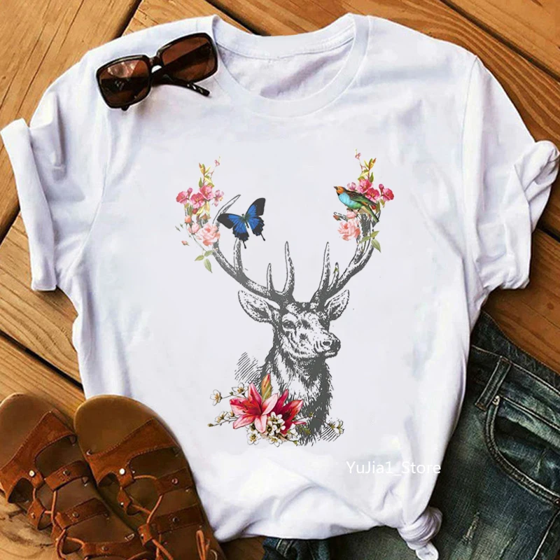 

2022 Watercolor Antlers Art Print Women'S T-Shirt Nature Woodland Forest Flowers Tshirt Femme Summer Fashion T Shirt Female