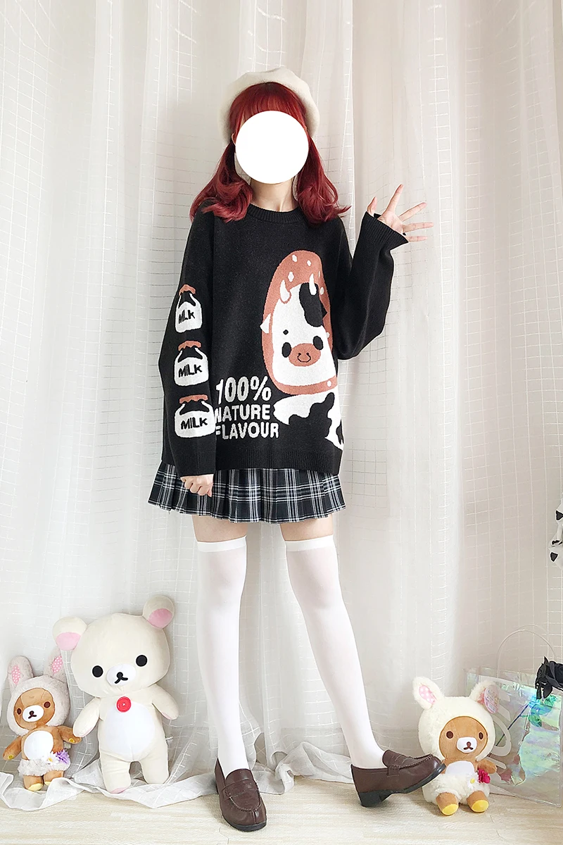 

Japanese Mori Girl Cute Black Sweater Autumn Winter Jumper Lolita Cartoon Strawberry Cow Knitted Sweater Women Harajuku Loose