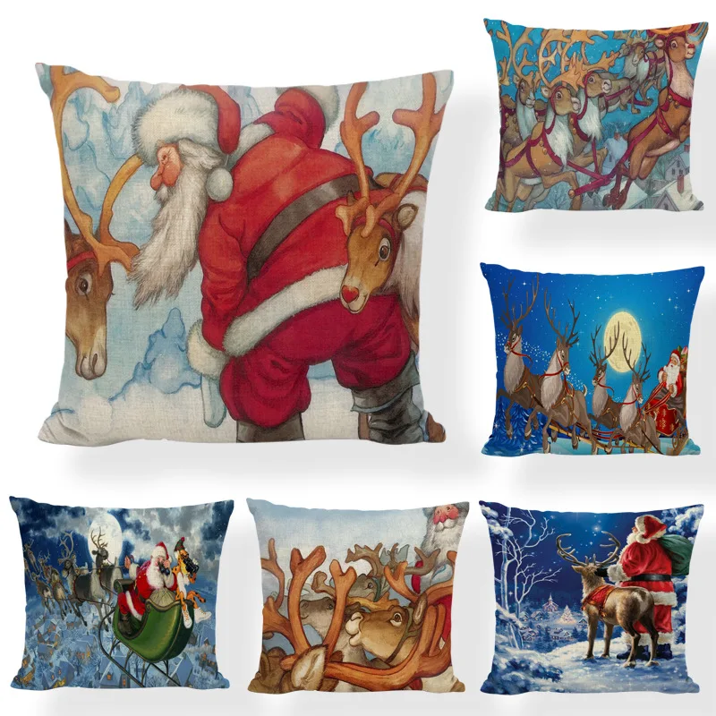 

Snowy Night Santa Claus Flax Christmas Pillow Cover Clau Snowman Living Room Sofa Bedroom Car Home Decoration Cushion Cover