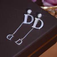 high level design letter d women earring 925 silver needle inlaid bling cubic zircon stud earrings long design pendnat jewelry
