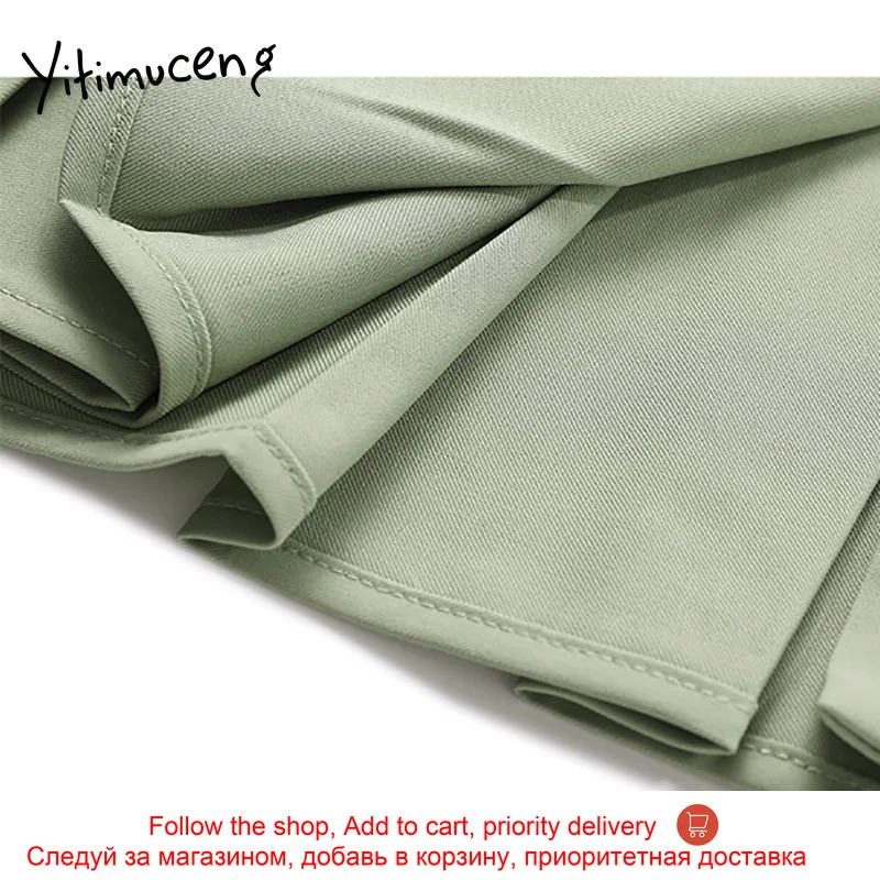 

Yitimuceng Patchwork Folds Fake 2 Pieces Dresses Women Pleated Spring 2021 Square Collar Single Breasted Loose Waist Office Lady