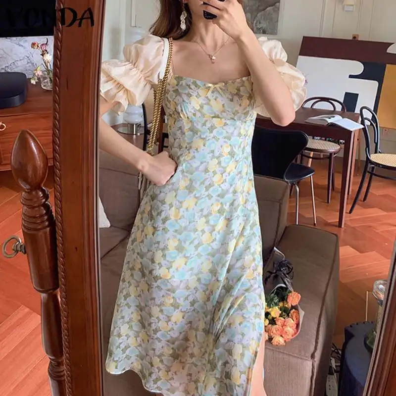 

Вечернее платье 2021 VONDA, женское платье с цветочным принтом и расклешенными рукавами, летнее платье на молнии с квадратным вырезом, женское р...