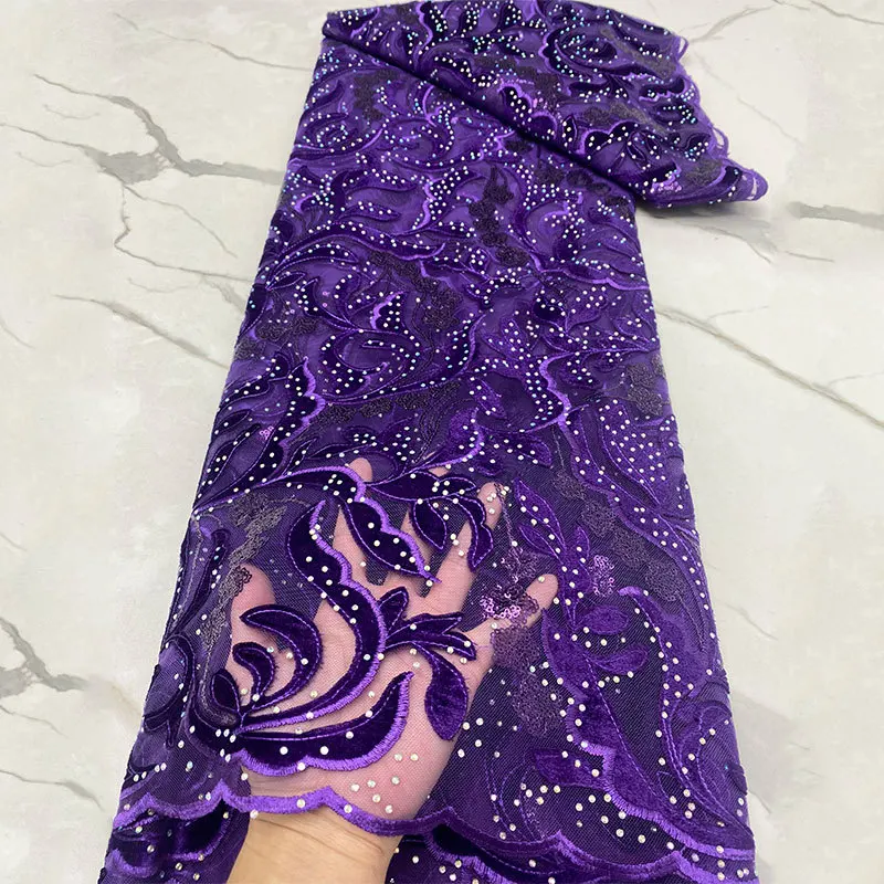 

Soft Multicolors French net Lace 5 yards African Tulle Mesh Fabric with Furs Sequins Not Fall Off Nigerian Occasional Wear