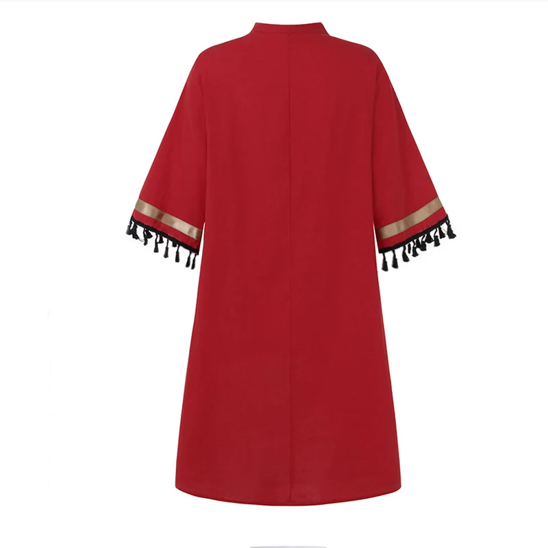 

Retro V Neck Button Patchwork Cotton Dress Women 2020 Summer Tassel Half Sleeve Party Dress Elegant Pleated Loose Casual Dresses