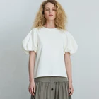 Женская футболка с пышными рукавами Johnature, однотонная свободная простая футболка с круглым вырезом, универсальный топ, для лета, 2021