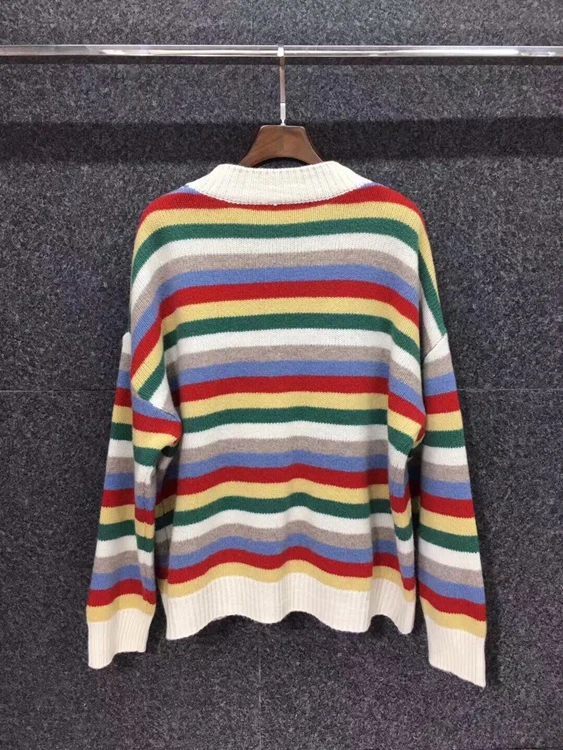 

2020 autumn and winter new women's V-neck striped color matching stitching button long-sleeved loose cardigan sweater