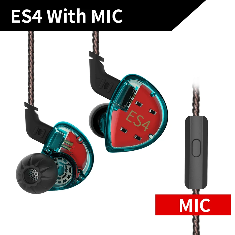 Cyan Mic KZ ES4 наушники гибридные технологии единиц 1DD+ 1BA гарнитура в ухо Мониторы наушники HiFi бас шумоподавления наушники - Цвет: Cyan Mic