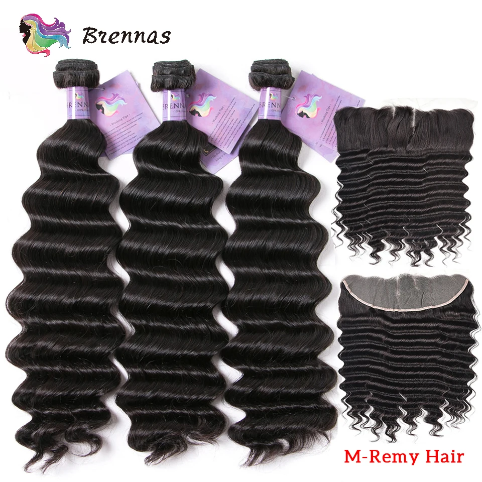 Brennas Человеческие волосы remy, пряди с фронтальной волной, бразильские 3 пряди, 13X4, закрытие шнурка, средний коэффициент, натуральный цвет