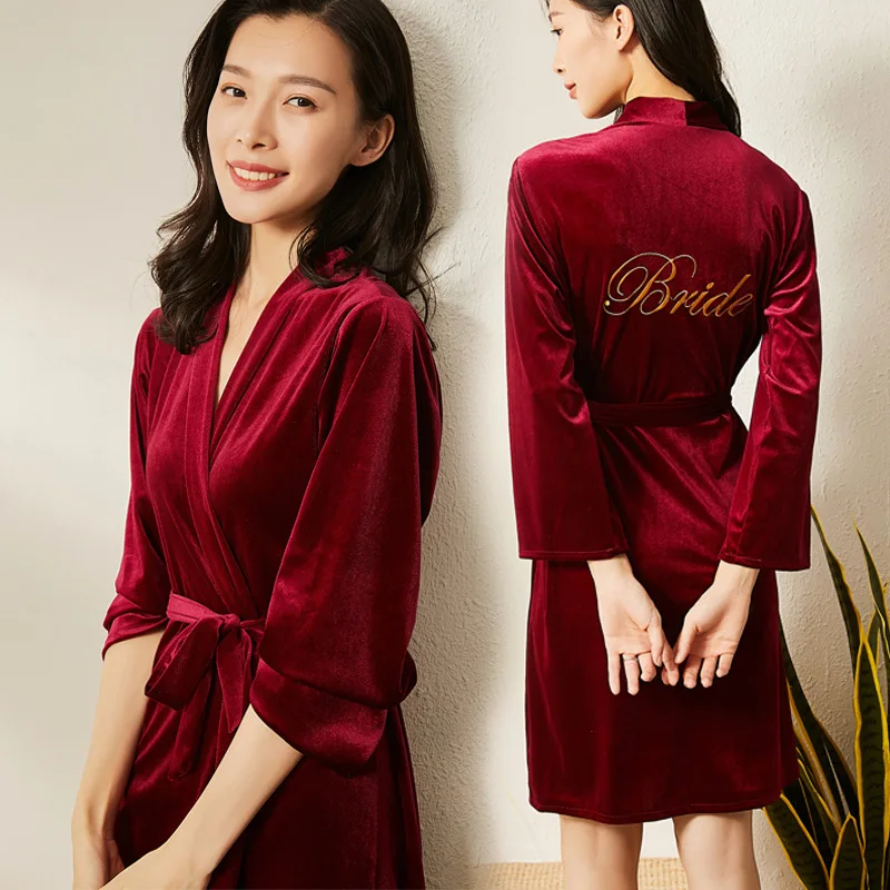 

Autumn/Winter Bride'S Morning Gown Golden Velvet Nightgown Cardigan Bridesmaid Maid Of Honor Lady Wedding Red Makeup Пижам