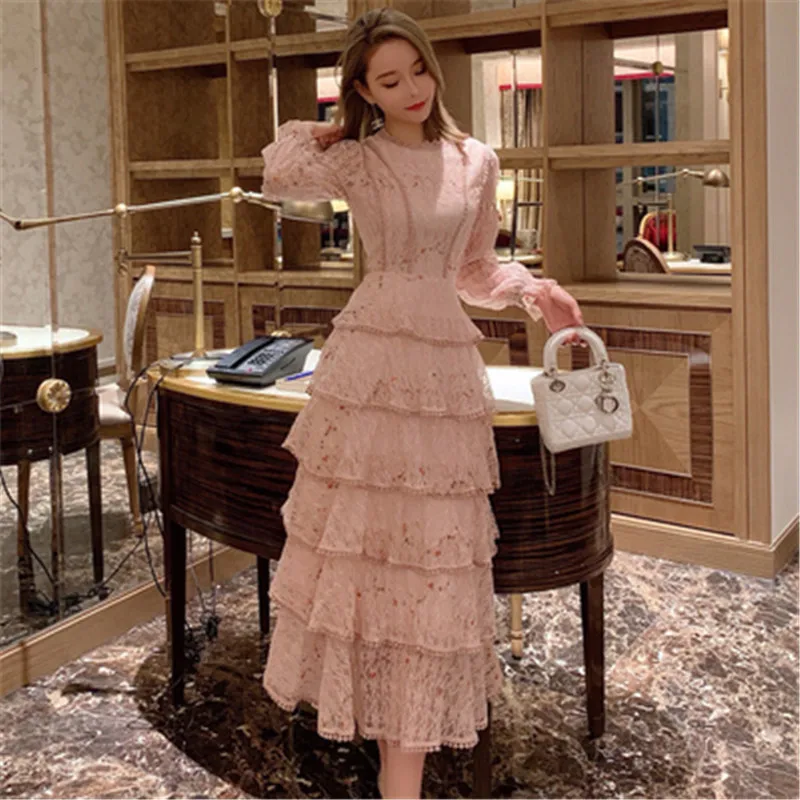 Женское кружевное платье макси с вышивкой элегантное лоскутное длинным рукавом