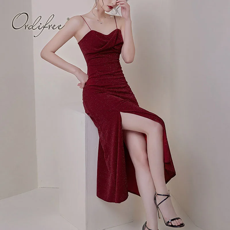 

Ordifree 2021 летние женские бордовый длинное платье блестящий топ без рукавов с открытой спиной спагетти ремешки; Застежка-молния; Элегантные пи...
