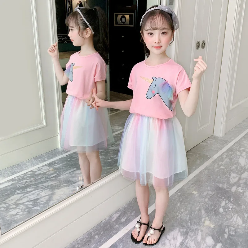 

Children Clothes 2020 Summer Cotton Teen Girls Clothes Set T-shirt+Mesh Dress Suit Kids Clothes For Girls 4 6 8 9 10 11 12 Years