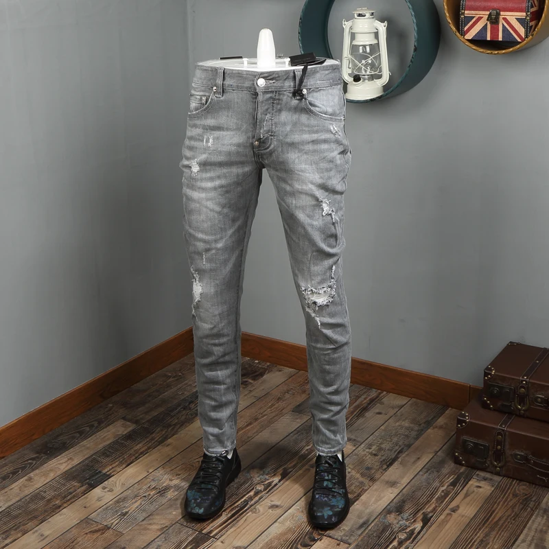 Модные мужские джинсы в итальянском стиле, серые эластичные узкие рваные джинсы в стиле ретро, мужские брендовые винтажные дизайнерские хл...