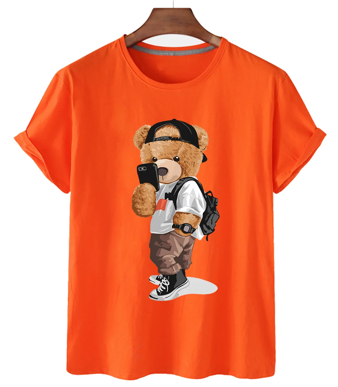 High-quality Street Selfie Bear Print Cotton Short-sleeved O-neck Loose Casual Top T-shirt Female Oversized T-shirt Couple S-3XL