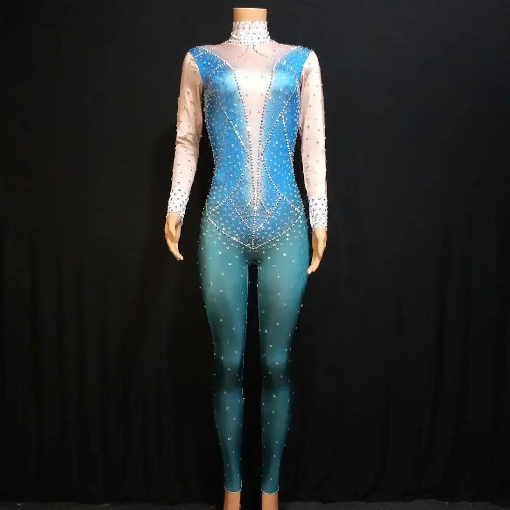 Crystals Jumpsuits Women Elastic Tights Rhinestone Bodysuits Celebration DJ Ds Dance Clothes Stage Outfits Acrobatic Jumpsuits
