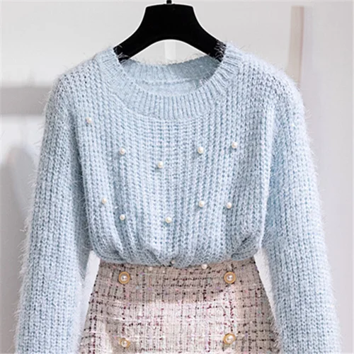 blue sweater Осенне-зимний комплект из двух предметов, спортивный костюм женская одежда элегантный вязаный свитер с бисером+ короткая твидовая юбка русалки, костюм - Цвет: blue sweater