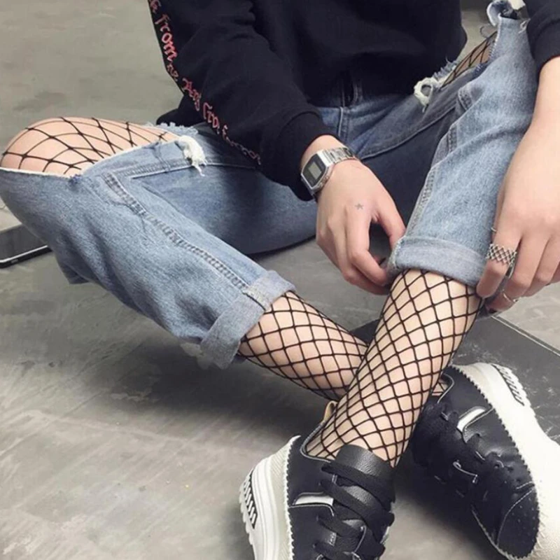 Женские прозрачные колготки облегающие в сеточку черные сетчатые с дырками для