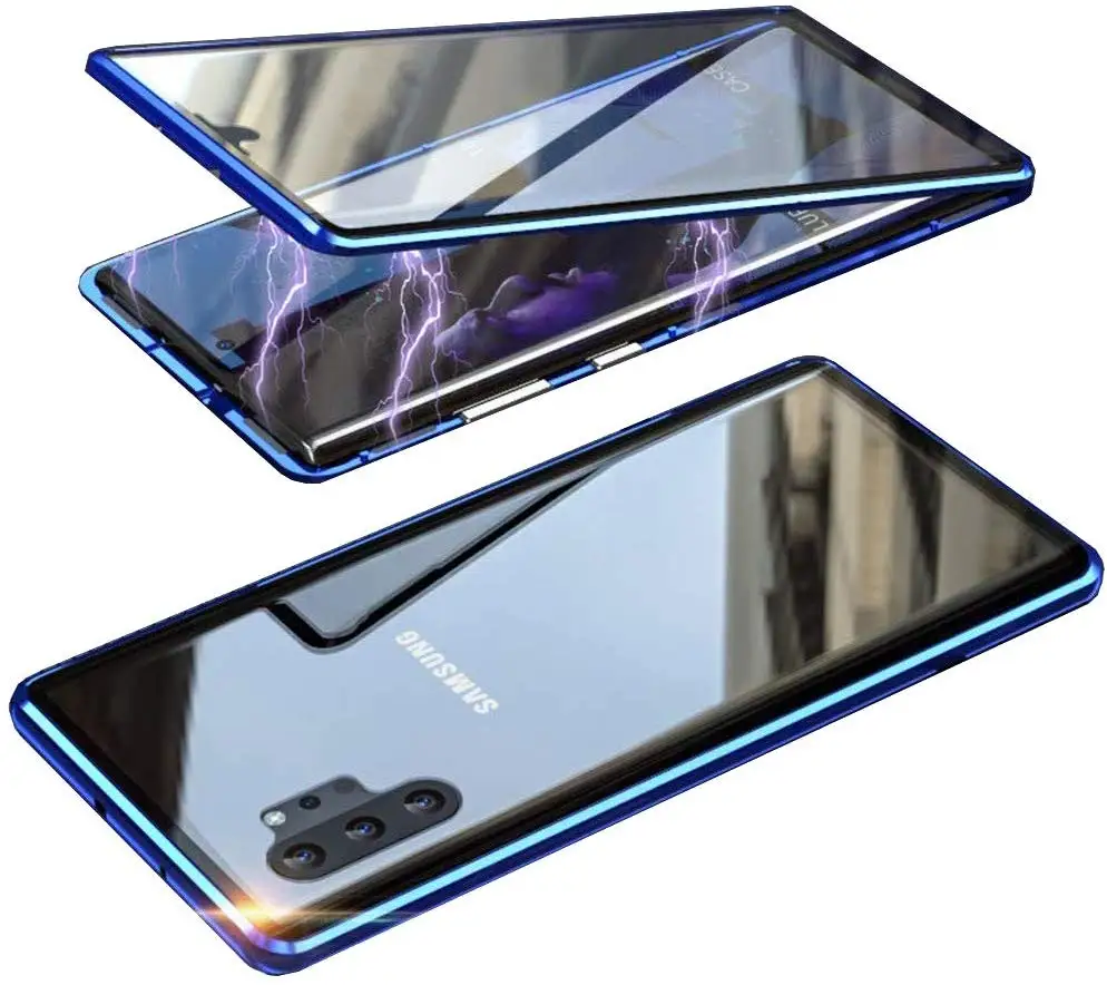 Чехол с магнитной адсорбцией для samsung Galaxy Note 10 Plus, двухсторонний, закаленное стекло, металлический чехол для samsung Galaxy Note 9, 8, чехол - Цвет: Синий