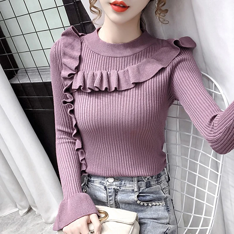 

Korean Ruffles Sweater O Neck Flare Sleeve Slim Warm Knitted Sweater Women Spring Winter Clothes pull femme hiver