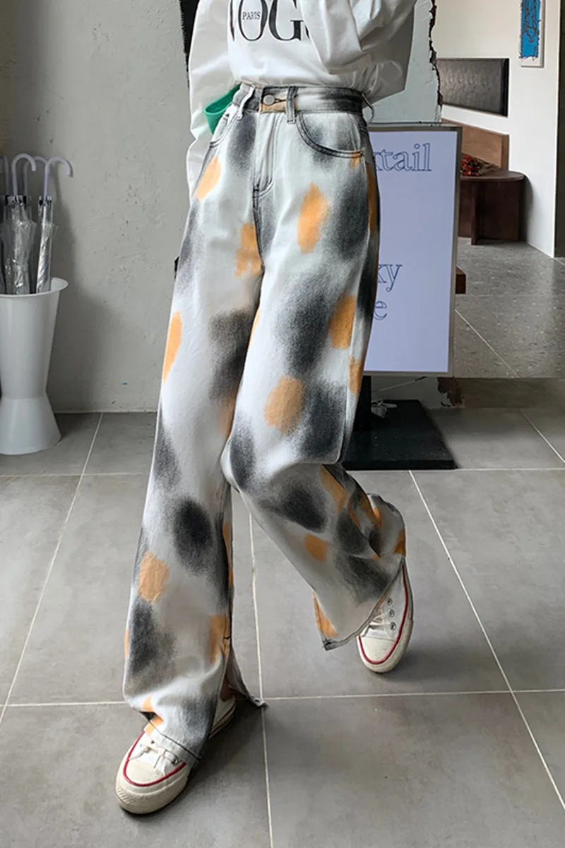 

Summer 2021 Y2KS traight tube split floor trousers large size fashion drape feel loose thin tie-dyed wide-leg jeans women pants
