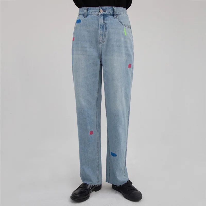 

Damage Hole Graffiti Embroidery Adererror Jeans Men Women Back Split Denim Ader Error Bell Bottom Pants