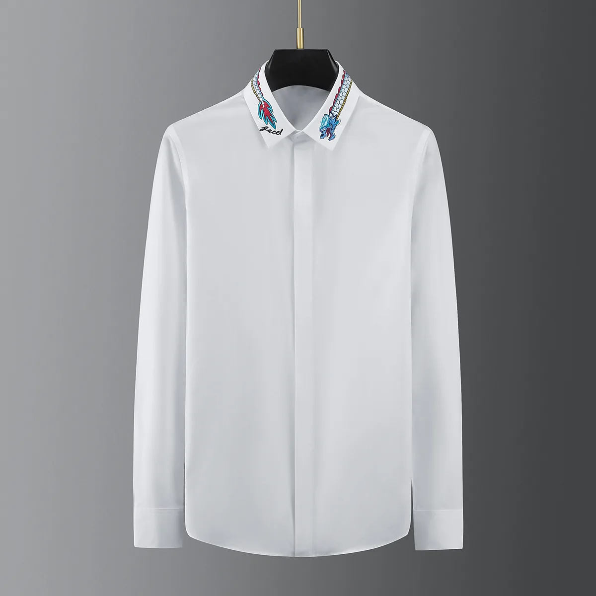 

High-end big-name catwalk new collar dragon figure letter Seiko embroidery men's trendy shirt business personality men clothing
