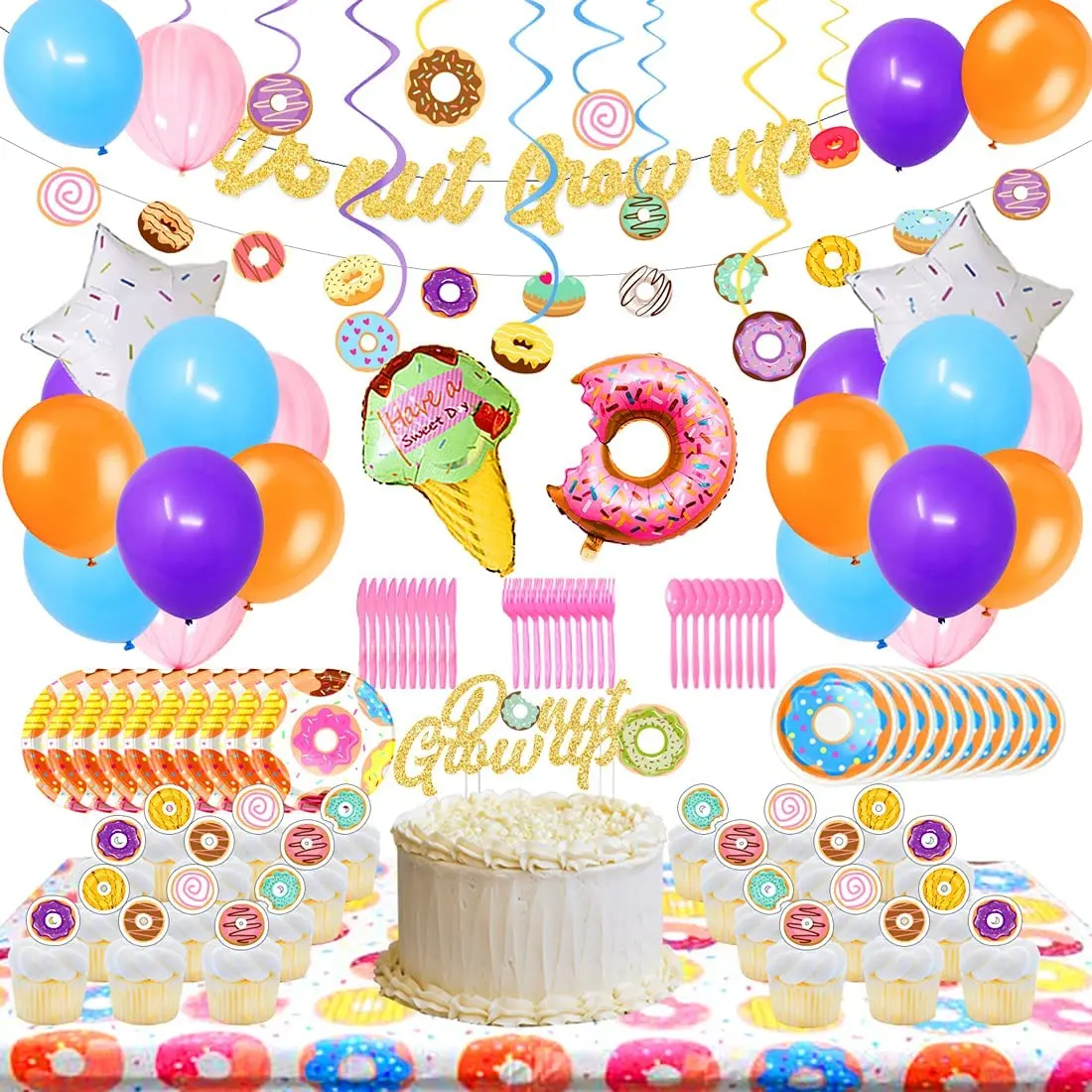 

112PCS Colorful Donut Birthday Party Decorations Doughnut Holder Bride Wedding Party Disposable Tableware Supplies Baby Shower