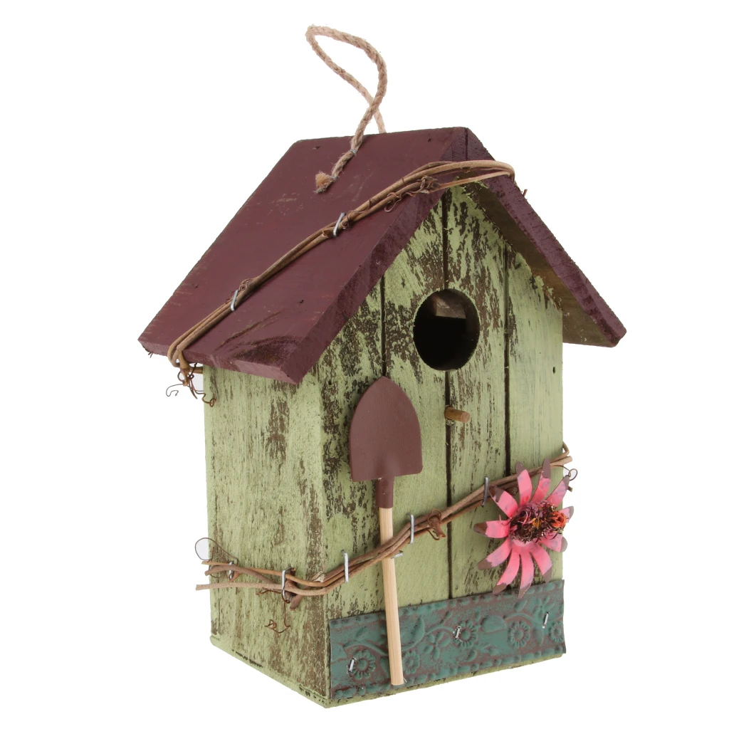 

Hand-painted Wooden Birdhouse with Jute Cord Home Outdoor Garden Decoration