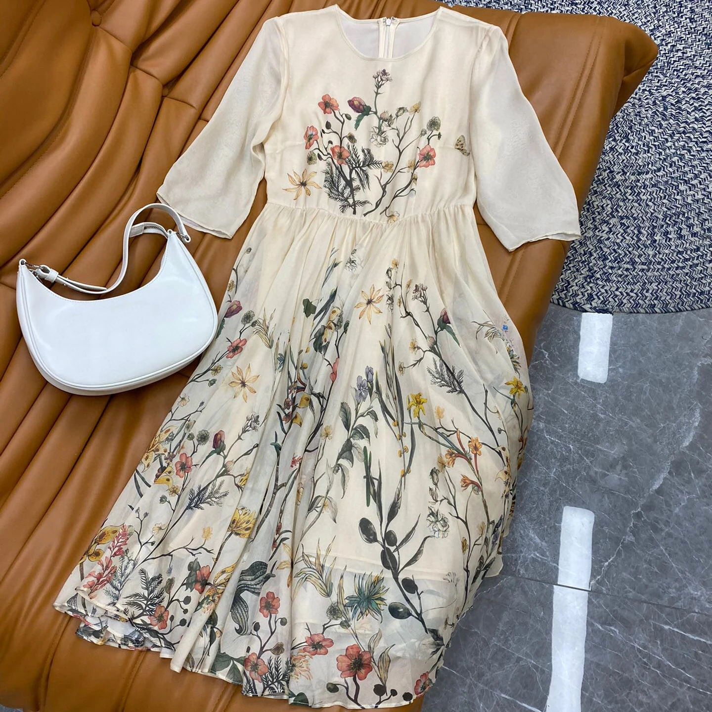 

Женское модельное платье средней длины, элегантное платье из натурального шелка высокого качества с винтажным принтом под заказ, лето 100%