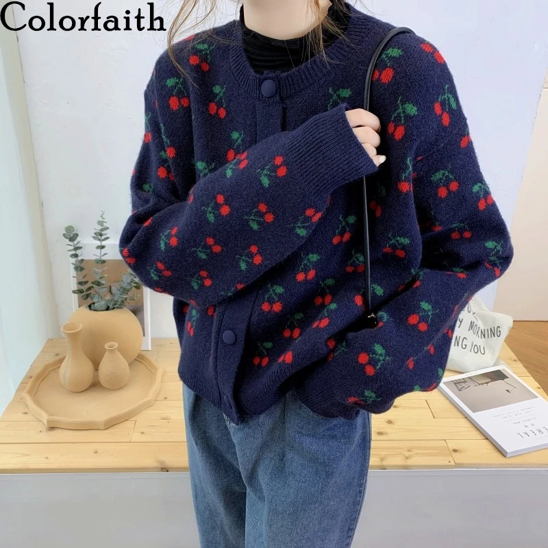 

Colorfaith New 2021 Autumn Winter Women's Knitwear Knitted Button Cardigans Embroidery Floral Oversize Vintage Lady Tops SWC8052