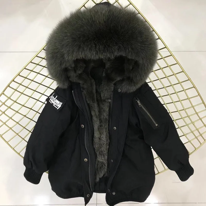black army green Настоящий мех кролика, парки, пальто с капюшоном из лисьего меха, Детская куртка для мальчиков и девочек, ветровка, детская зимняя одежда - Цвет: black army green