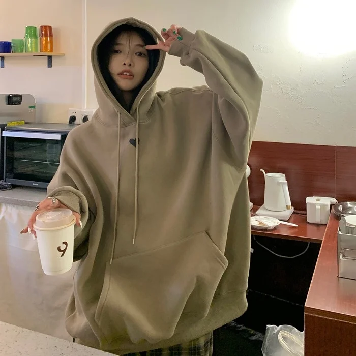 

Hong Kong Love Print Loose Plush Hoodie Autumn Winter Oversize Medium and Long Coat Women