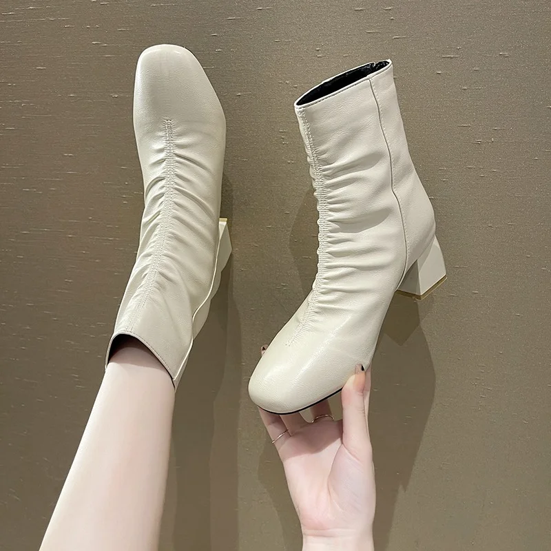 

Женские ботильоны на среднем каблуке, модные дизайнерские ботинки-лодочки на тонком каблуке, с молнией и острым носком, Осень-зима 2021