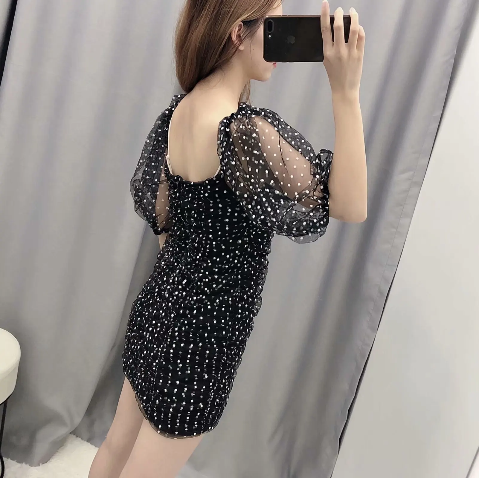 2019 осеннее Новое Женское платье в горошек с пятым рукавом Juan Сетчатое короткое