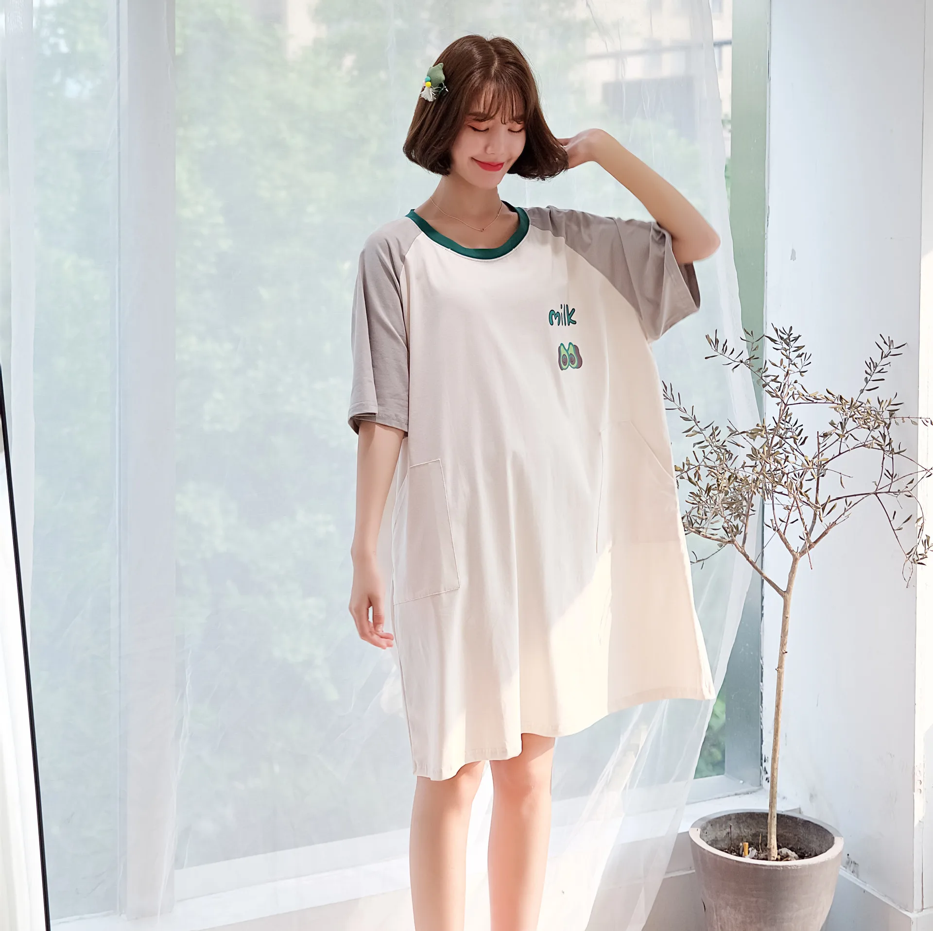 

Women's Spring And Autumn Round Neck Cotton Fruit Pattern Nightdress One Size Stitching Loose Homewear Printed Long Dress