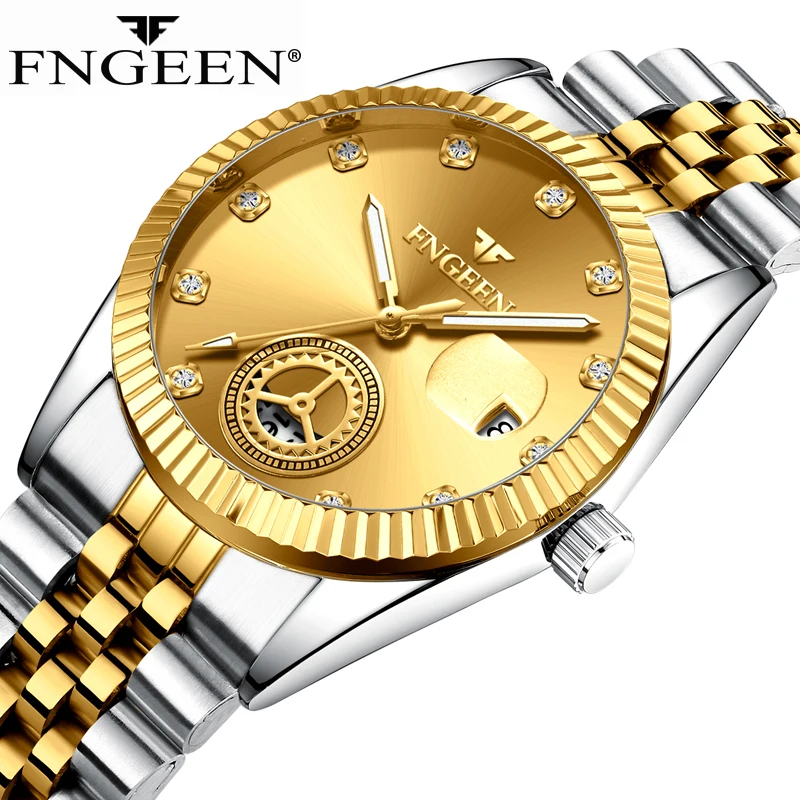 

FNGEEN Gold Mens Watches Top Brand Luxury Diamond Waterproof Male Wristwatch Clock Luminous Hands Calendar Quartz Relogio 7010