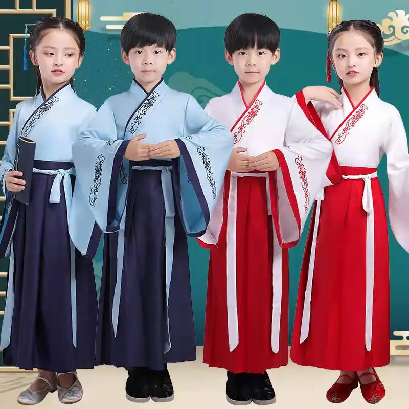 

Chinese Ancient Traditional New Clothing Set for Kid Boy Girl Long Sleeve Folk Dance Hanfu Ink Painting Print Performance Dress