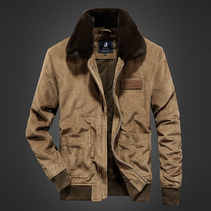 

Corduroy Winter Jacket Men New Fleece Thickened Warm Men's Coat Casual Khaki Green Solid Color Parka Men Trendy Jacket Y435