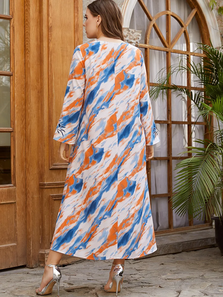 

Ethnic Embroidery Plus Size Maxi Dress for Women Summer 2021 V Neck Long Sleeve Arabic Muslim Clothes Ramadan Eid 4XL