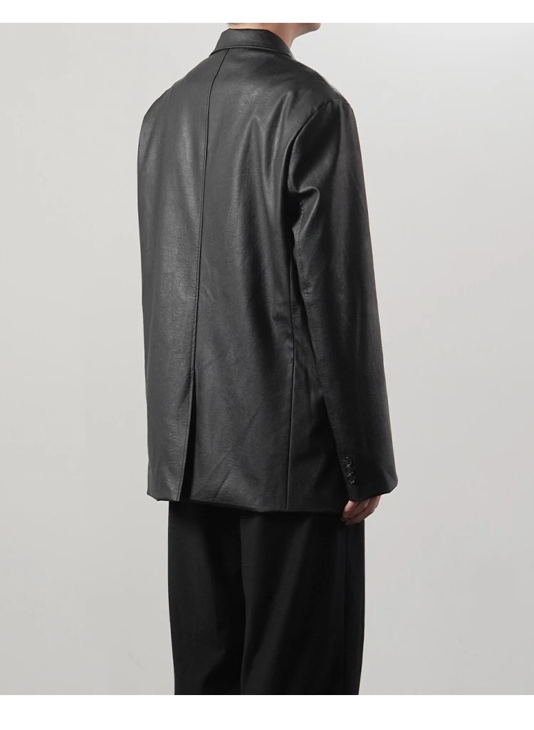 

Male Japan Korea Streetwear Vintage Leather Suit Coat Outerwear Men Retro Fashion Casual Loose Black Leather Suit Blazers Jacket