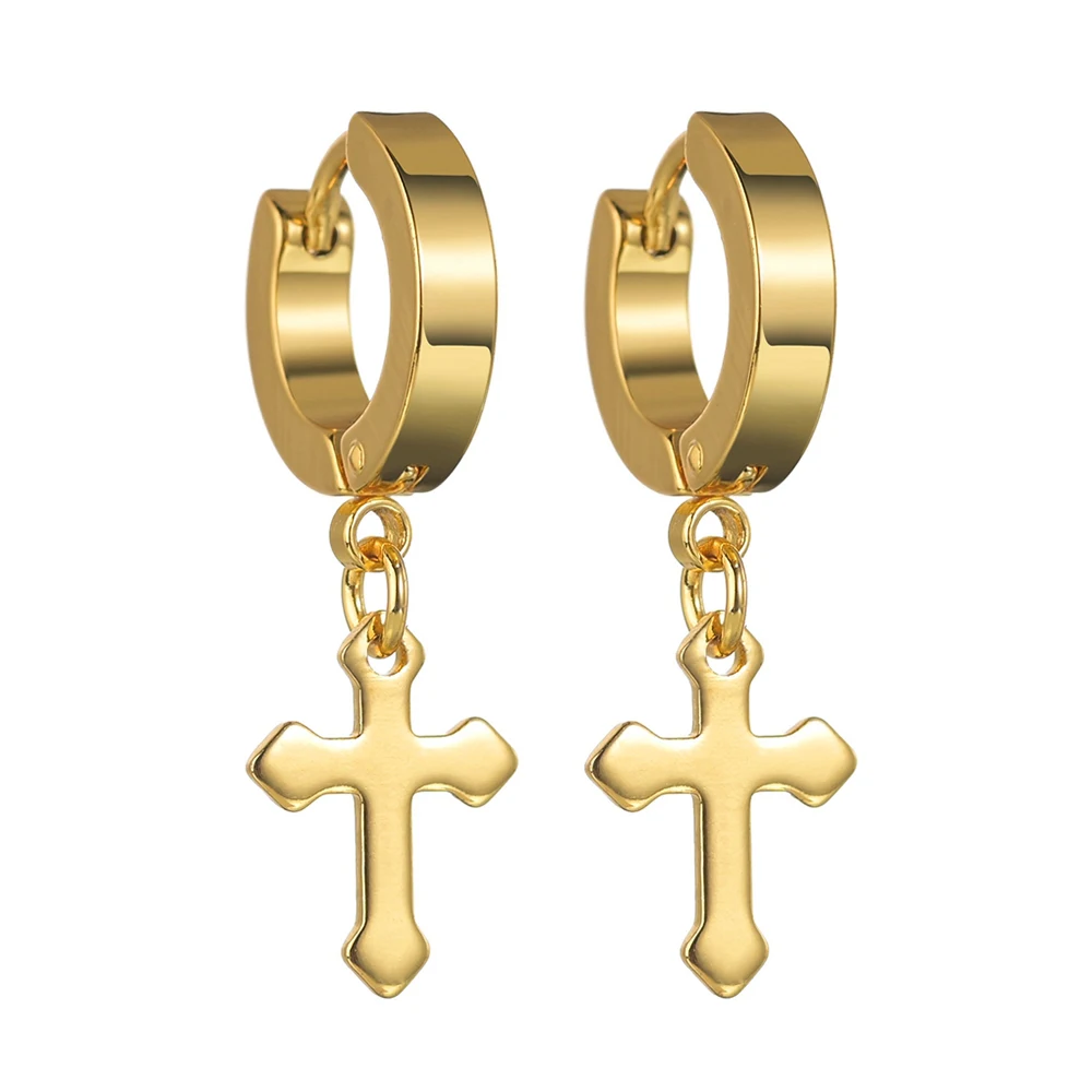 

New Fashion 1 Pair Stainless Steel Piercing Earrings For Women Men Gold Color Cross Gothic Punk Rock Drop Earrings Wholesale